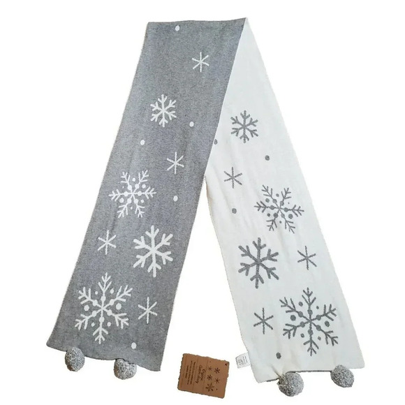 Winter Knit Scarf Gray White Snowflake Pattern Pom Pom Ends Cotton Reversible - Picture 1 of 14